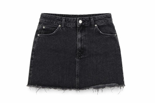 Topshop MOTO Women Black UK 10 Mini A-Line Denim Skirt Raw Hem