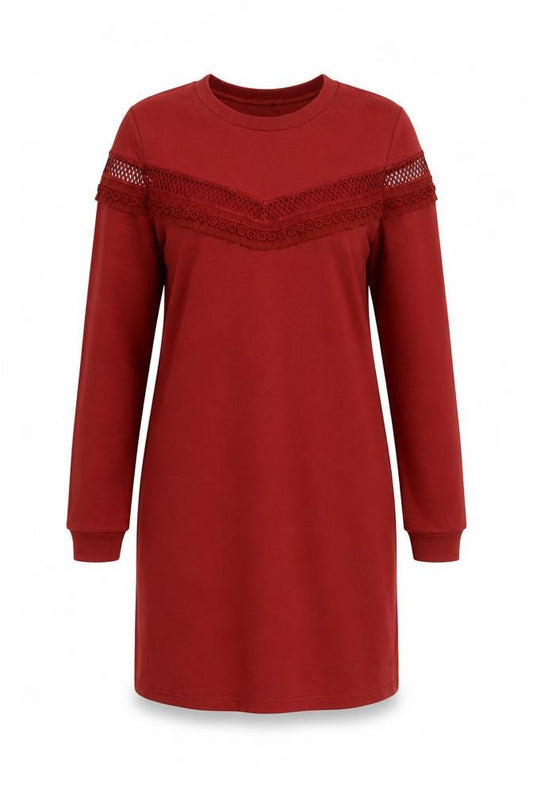 Front view of New Look Women Red UK 12 Jumper Dress Crochet Trim Long Sleeve