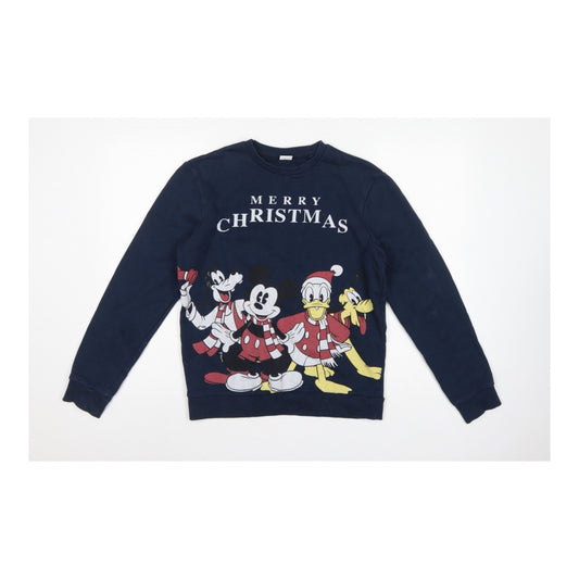 Front view of Disney unisex adults navy s pullover christmas mickey friends sweatshirt