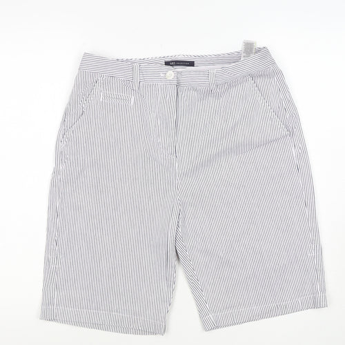 M&S Women’s White Navy Pinstripe Cotton Stretch Bermuda Shorts UK 12