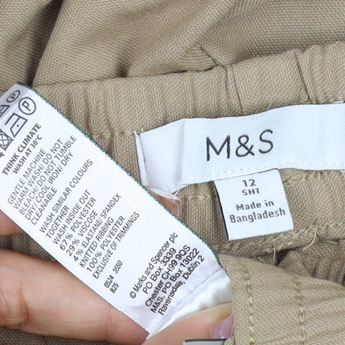 Marks and Spencer Women Beige Size 12 Short Wide Leg Drawstring Trousers
