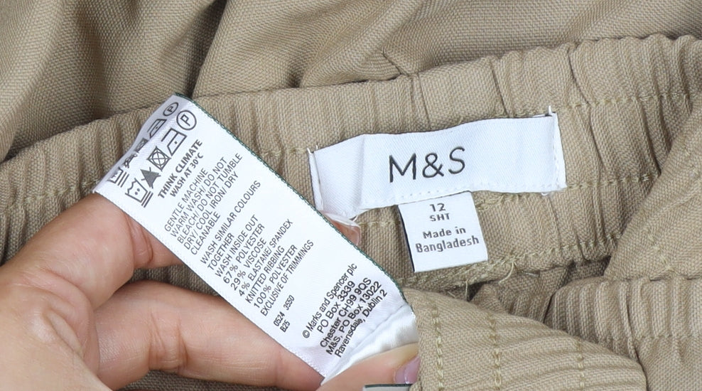 Marks and Spencer Women Beige Size 12 Short Wide Leg Drawstring Trousers