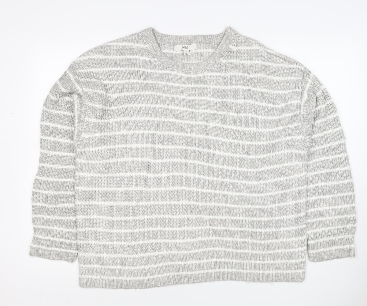 Marks & Spencer Women Grey White Striped Knit Pullover Jumper L