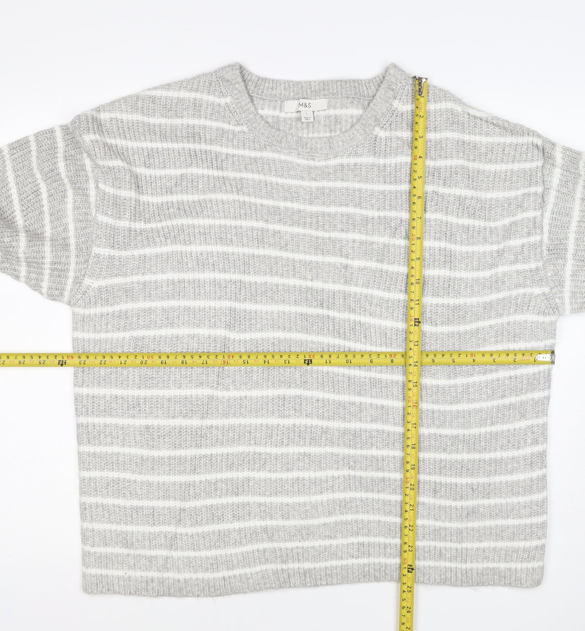Marks & Spencer Women Grey White Striped Knit Pullover Jumper L