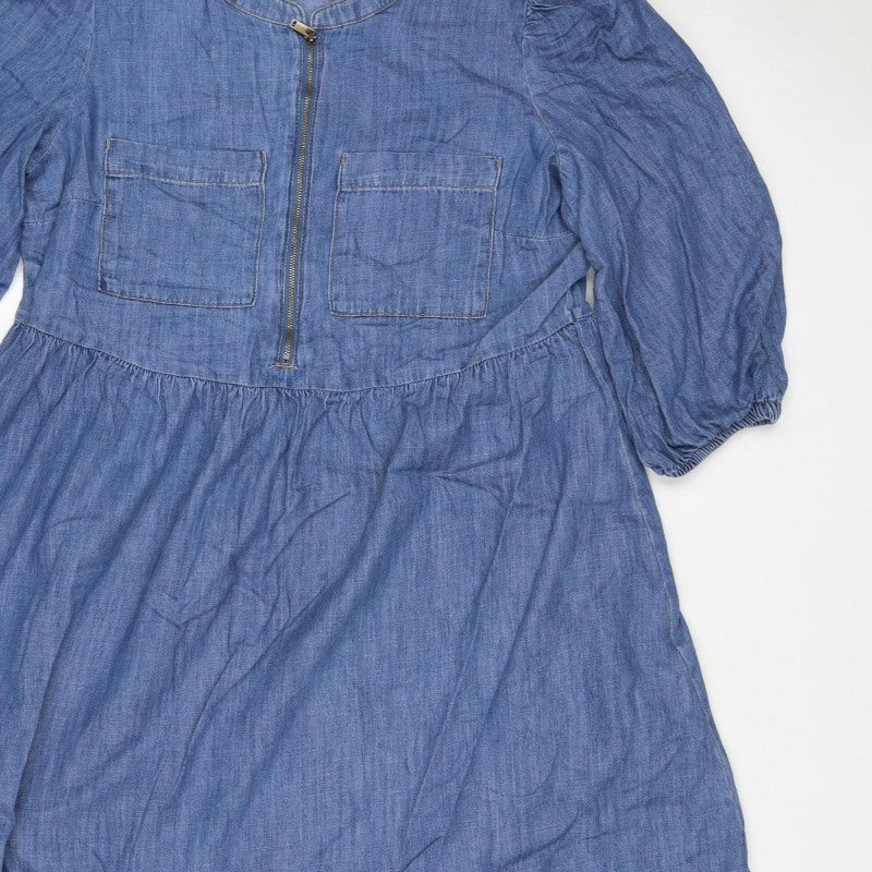 Marks and Spencer Women Blue Size 12 Chambray Fit & Flare Midi Dress