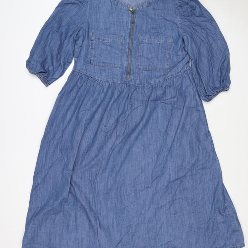 Marks and Spencer Women Blue Size 12 Chambray Fit & Flare Midi Dress