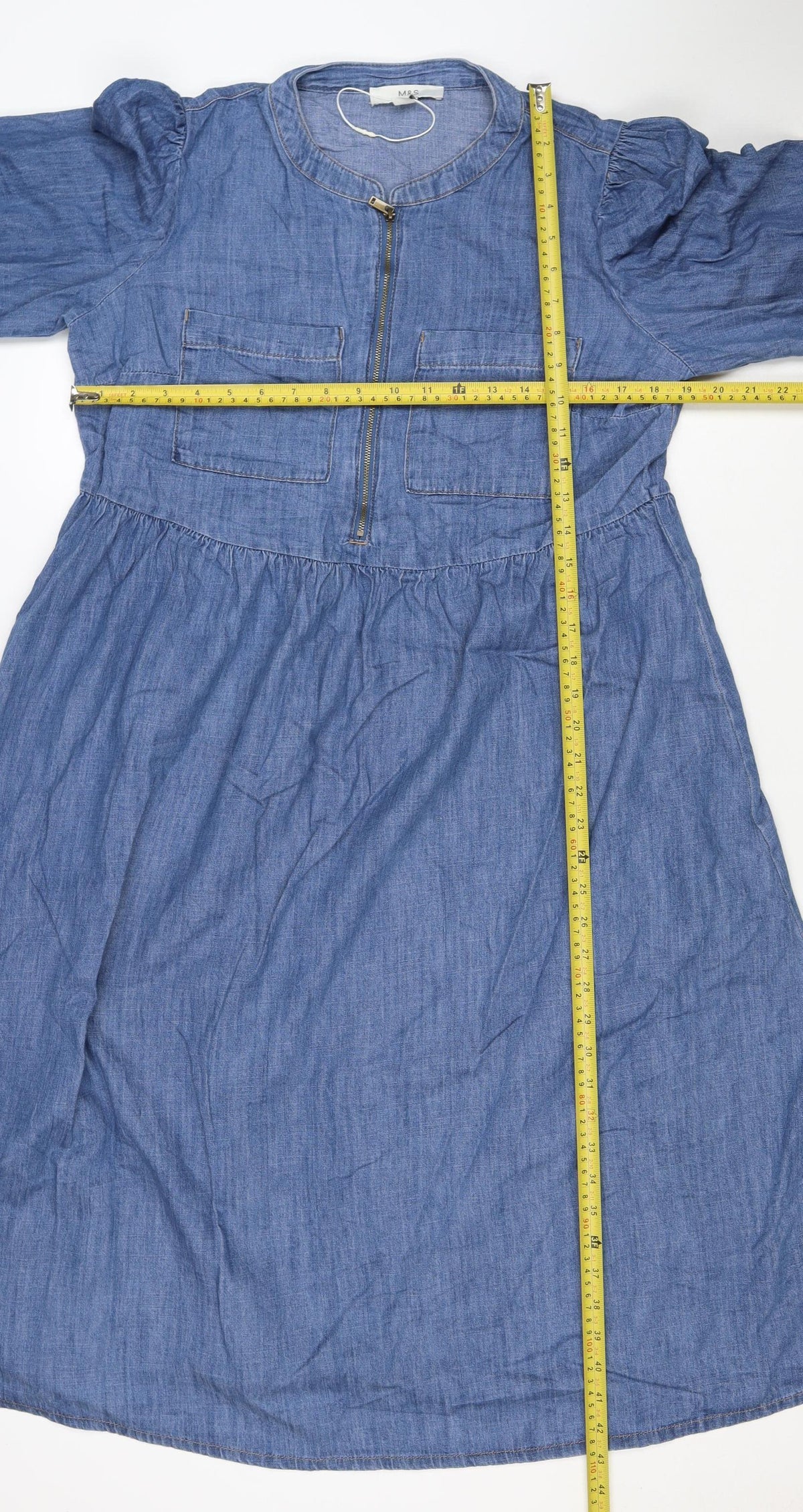Marks and Spencer Women Blue Size 12 Chambray Fit & Flare Midi Dress