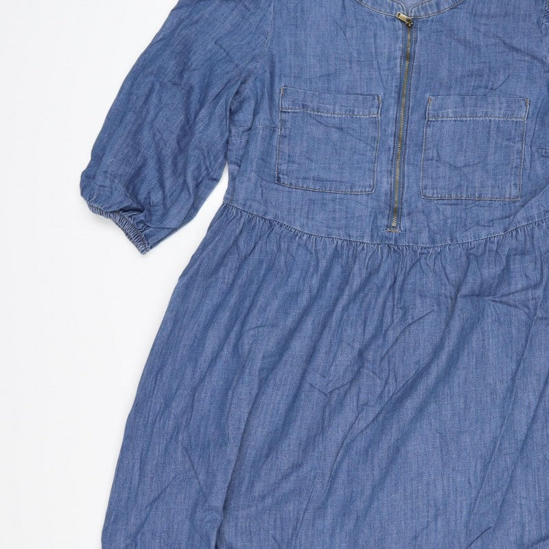 Marks and Spencer Women Blue Size 12 Chambray Fit & Flare Midi Dress