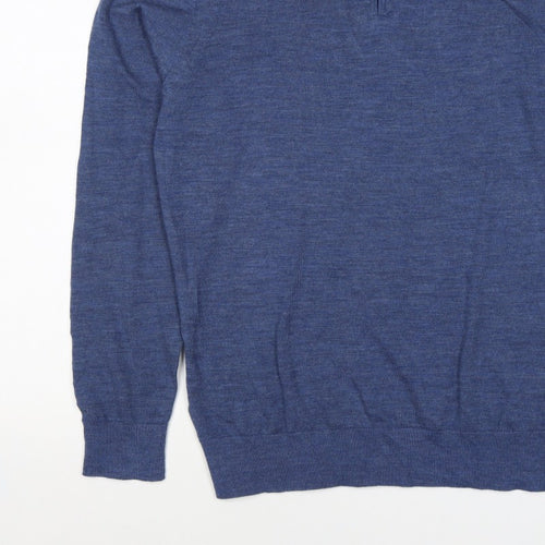 M&S Autograph Men Blue M Merino Wool 1/4 Zip High Neck Jumper