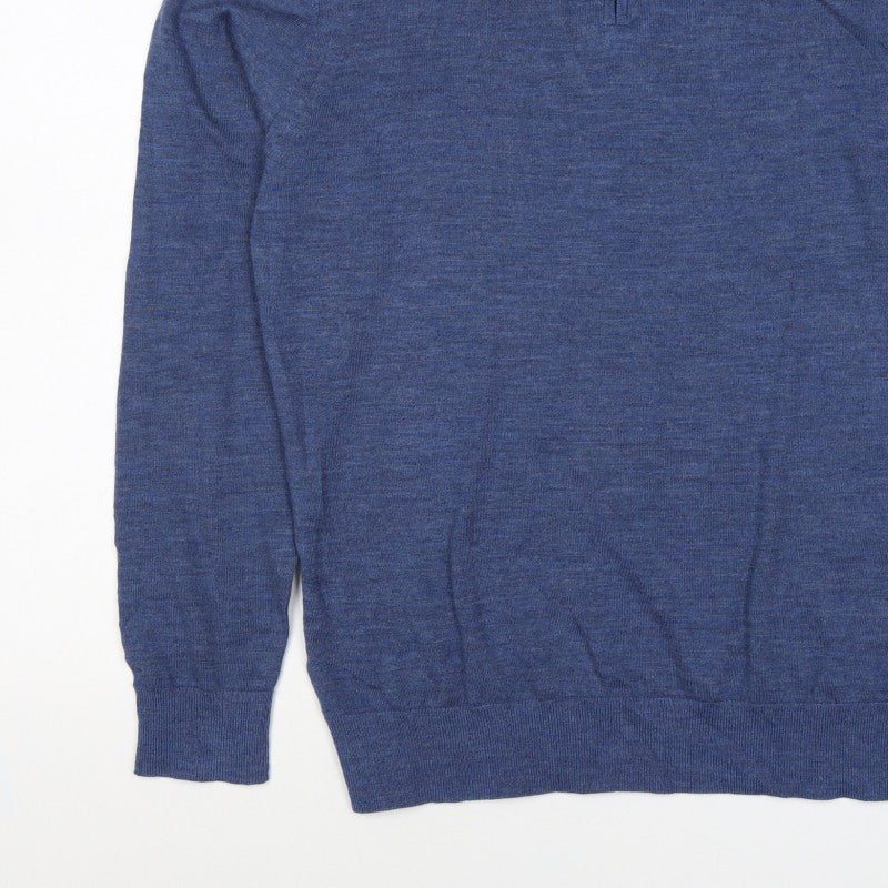 M&S Autograph Men Blue M Merino Wool 1/4 Zip High Neck Jumper