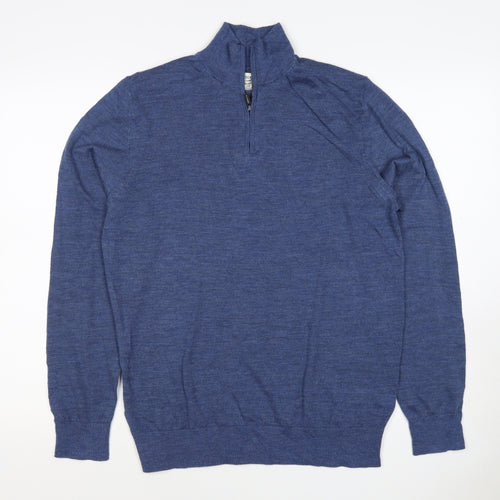 M&S Autograph Men Blue M Merino Wool 1/4 Zip High Neck Jumper