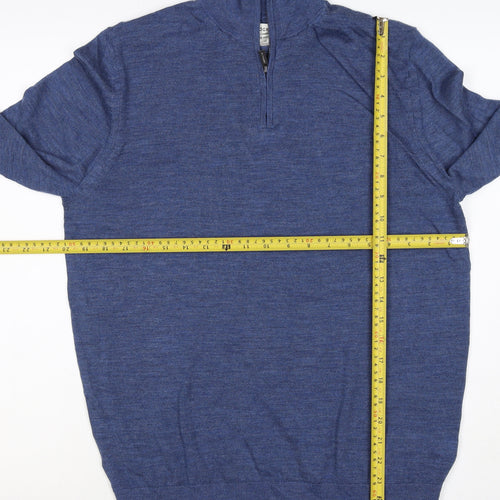 M&S Autograph Men Blue M Merino Wool 1/4 Zip High Neck Jumper