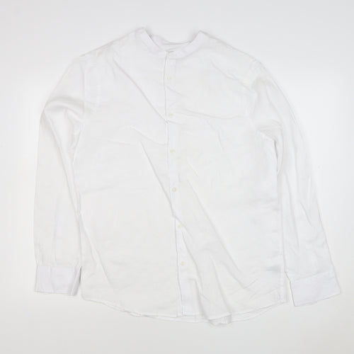 M&S Men’s White M Pure Linen Band Collar Long Sleeve Button-Up Shirt