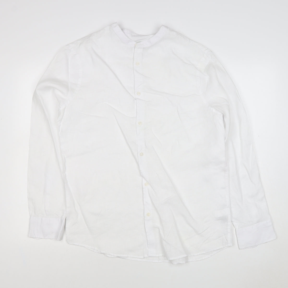 M&S Men’s White M Pure Linen Band Collar Long Sleeve Button-Up Shirt