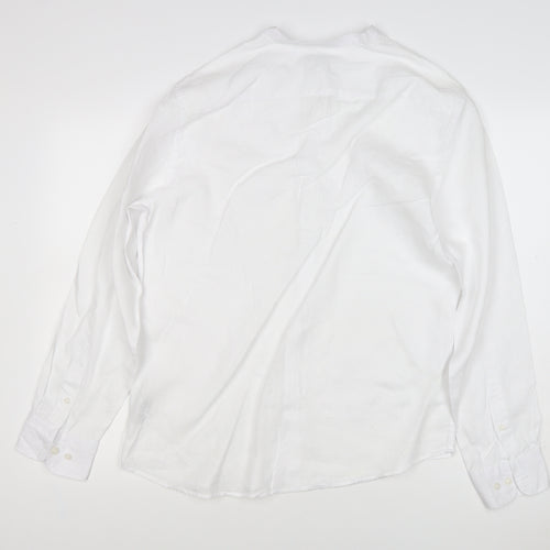 M&S Men’s White M Pure Linen Band Collar Long Sleeve Button-Up Shirt