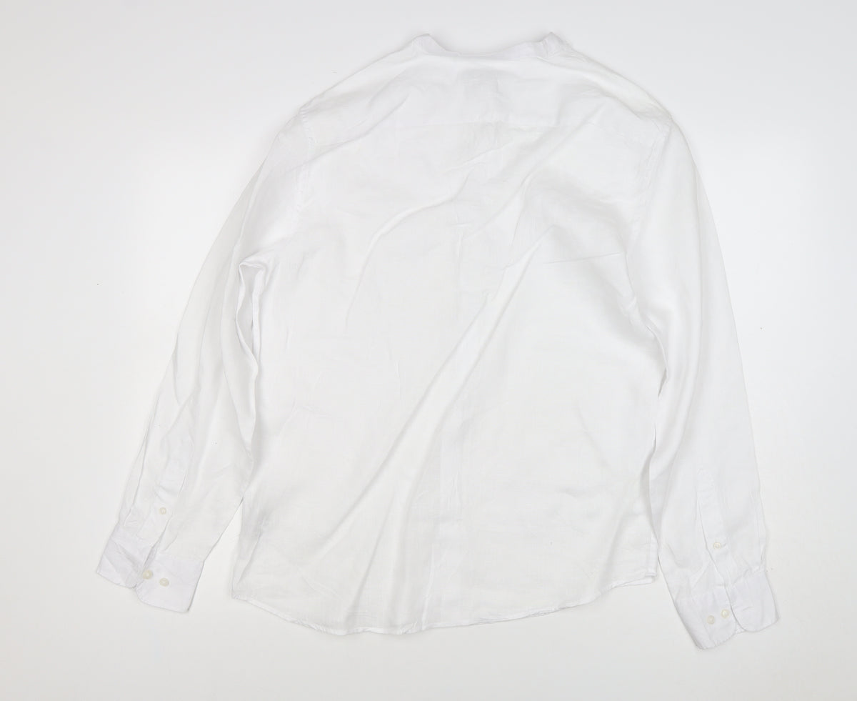 M&S Men’s White M Pure Linen Band Collar Long Sleeve Button-Up Shirt