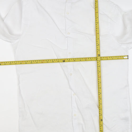 M&S Men’s White M Pure Linen Band Collar Long Sleeve Button-Up Shirt
