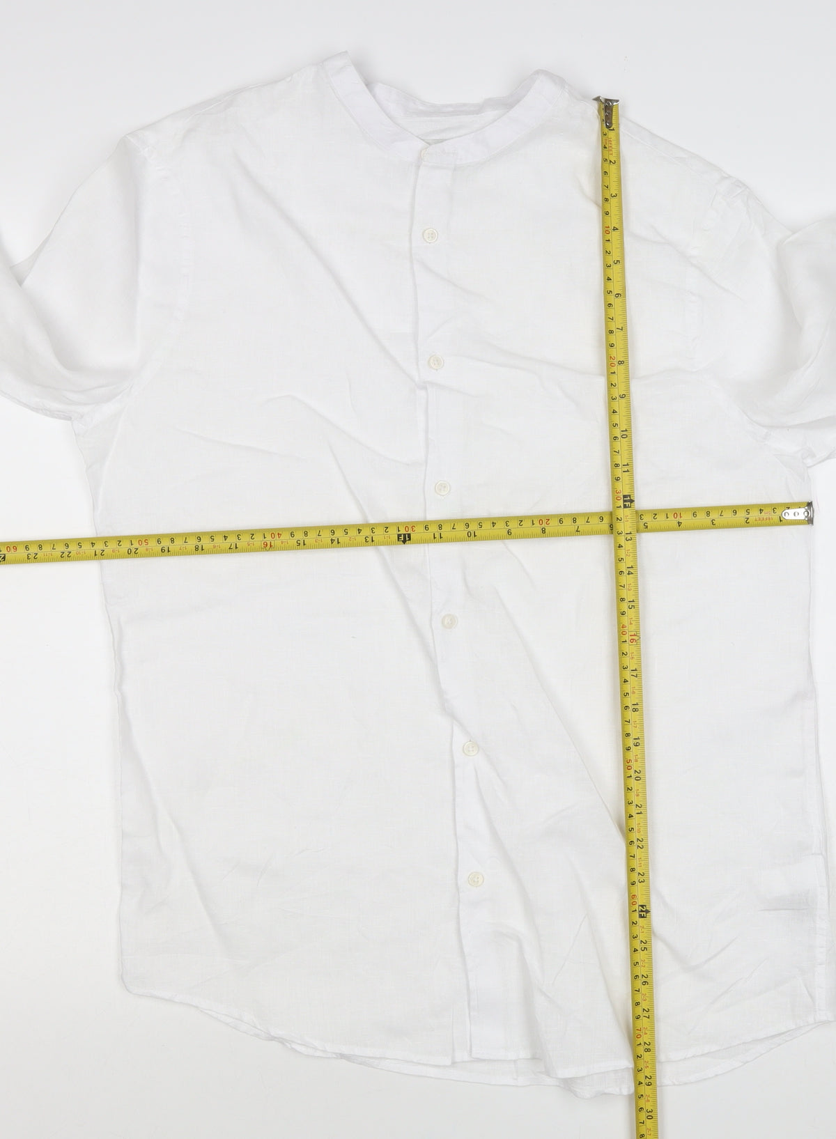 M&S Men’s White M Pure Linen Band Collar Long Sleeve Button-Up Shirt