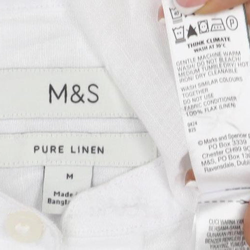 M&S Men’s White M Pure Linen Band Collar Long Sleeve Button-Up Shirt