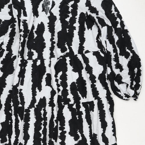 M&S Women Black White Linen Rich Size 14 Shift Knee Dress