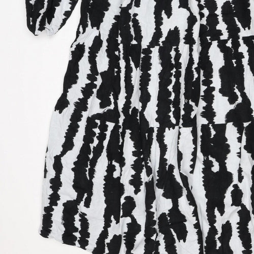 M&S Women Black White Linen Rich Size 14 Shift Knee Dress
