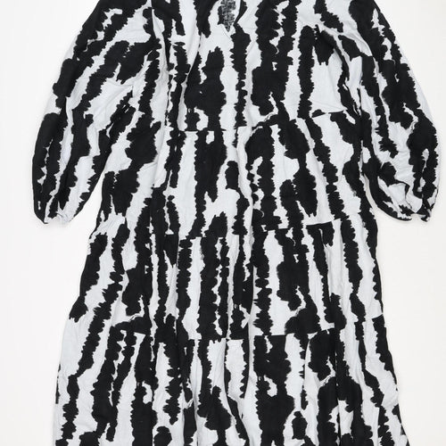 M&S Women Black White Linen Rich Size 14 Shift Knee Dress
