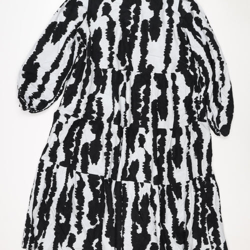 M&S Women Black White Linen Rich Size 14 Shift Knee Dress