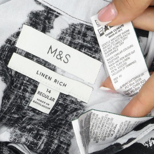 M&S Women Black White Linen Rich Size 14 Shift Knee Dress