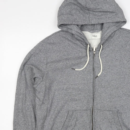Marks and Spencer Men Grey L Full Zip Hooded Cotton Fleece Hoodie