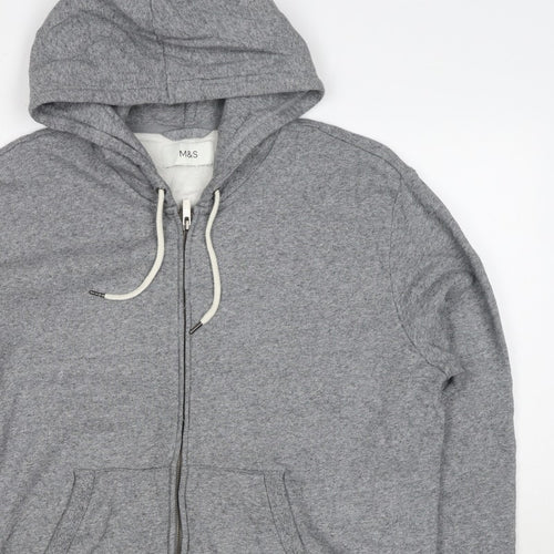 Marks and Spencer Men Grey L Full Zip Hooded Cotton Fleece Hoodie