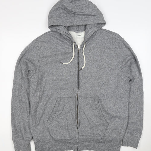 Marks and Spencer Men Grey L Full Zip Hooded Cotton Fleece Hoodie