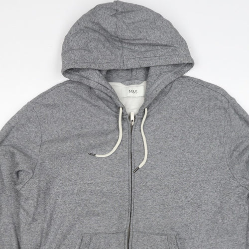 Marks and Spencer Men Grey L Full Zip Hooded Cotton Fleece Hoodie