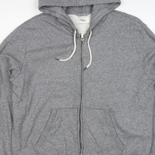 Marks and Spencer Men Grey L Full Zip Hooded Cotton Fleece Hoodie