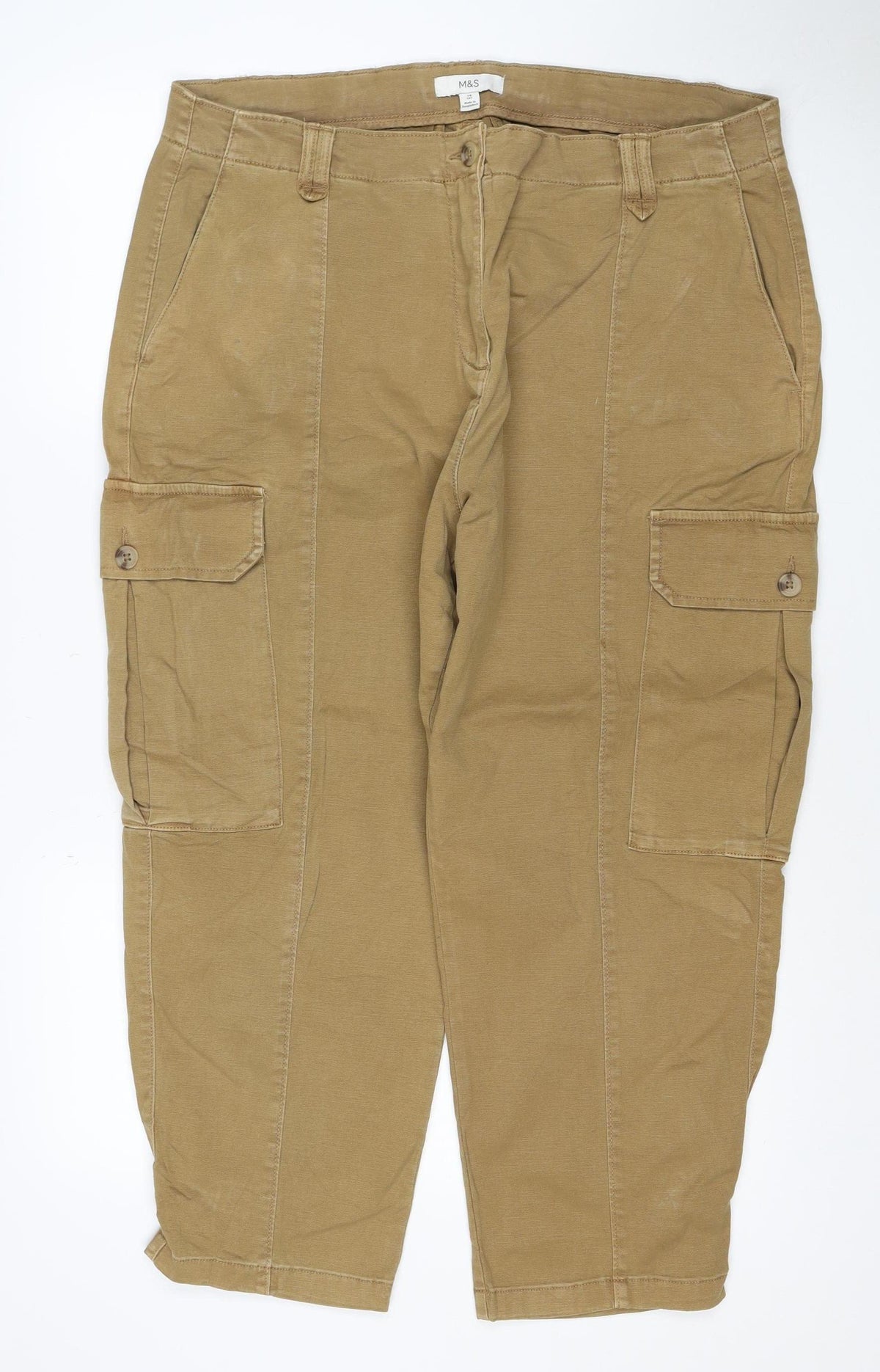 Marks & Spencer Women Beige Cargo Trousers Size 18 Short Cotton Stretch