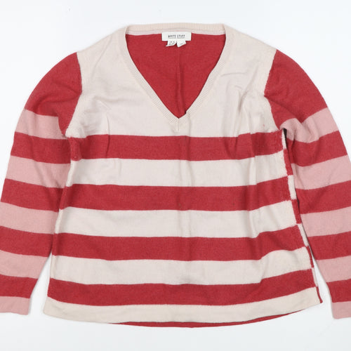 White Stuff Women Multicoloured UK 14 Merino Wool Striped V-Neck Jumper