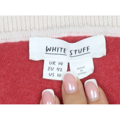 White Stuff Women Multicoloured UK 14 Merino Wool Striped V-Neck Jumper