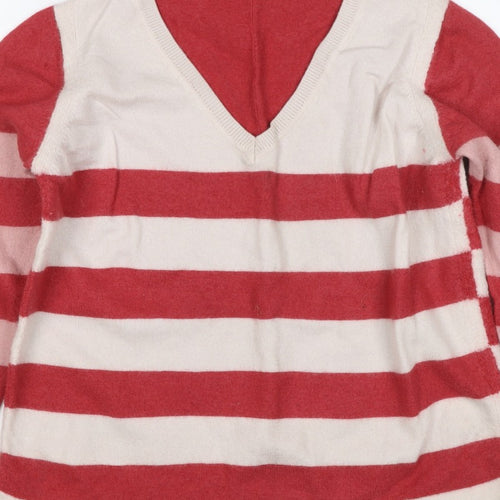 White Stuff Women Multicoloured UK 14 Merino Wool Striped V-Neck Jumper