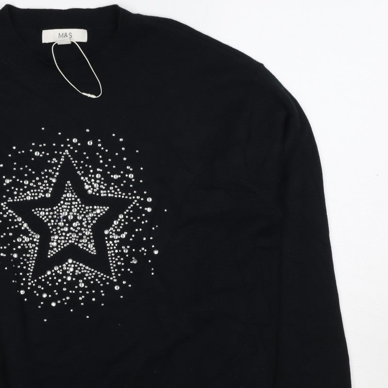 Marks and Spencer Women Black S Star Rhinestone Crew Neck Knit Jumper