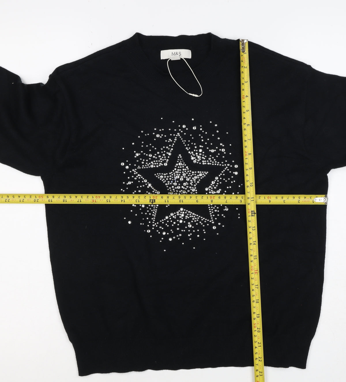 Marks and Spencer Women Black S Star Rhinestone Crew Neck Knit Jumper