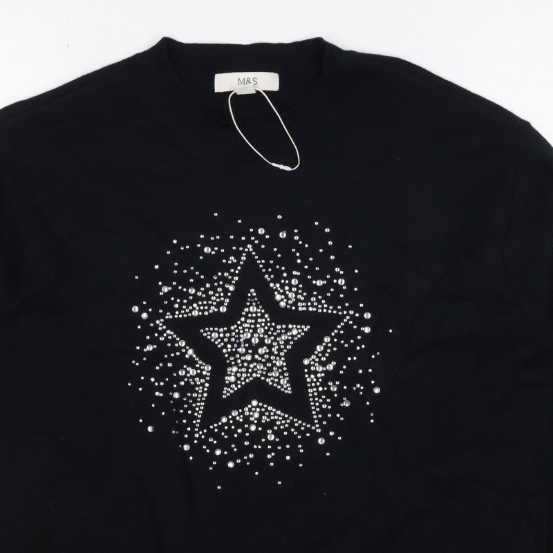 Marks and Spencer Women Black S Star Rhinestone Crew Neck Knit Jumper