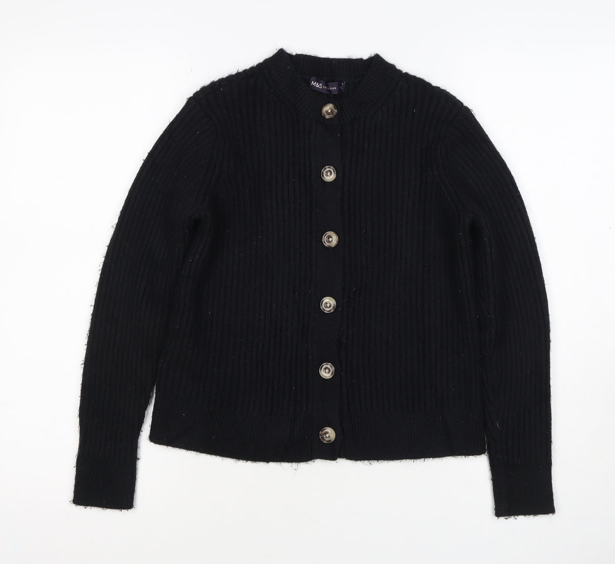 M&S Collection Women Black M Ribbed Button Mock Neck Cardigan