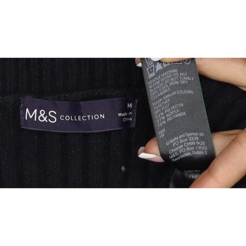 M&S Collection Women Black M Ribbed Button Mock Neck Cardigan