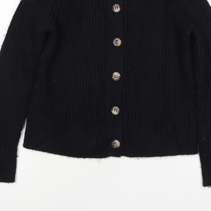 M&S Collection Women Black M Ribbed Button Mock Neck Cardigan
