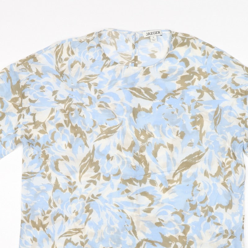 Jaeger Women’s Blue Floral Cotton Silk Size 10 Short Sleeve Blouse