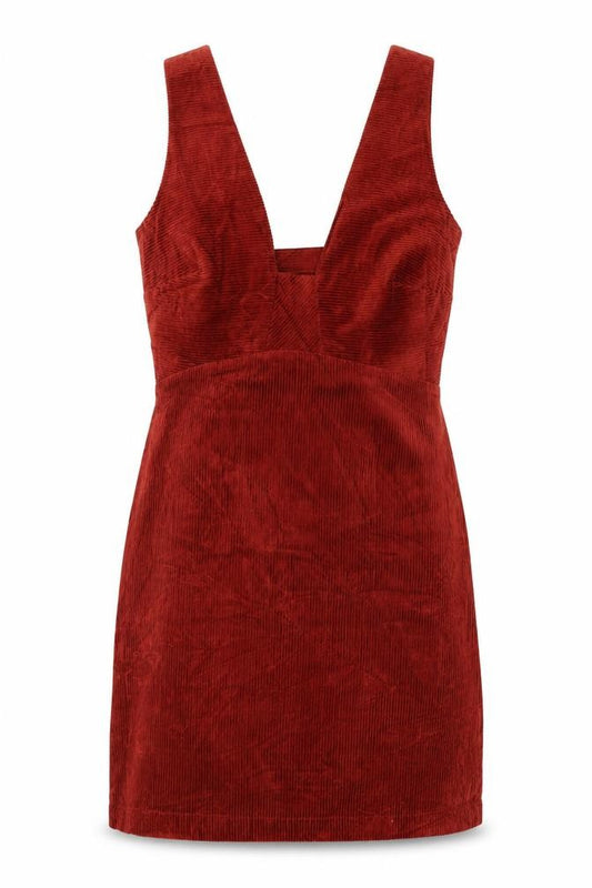 Front view of Oliver Bonas Women’s Red UK 8 Corduroy A-Line Long Sleeve Dress
