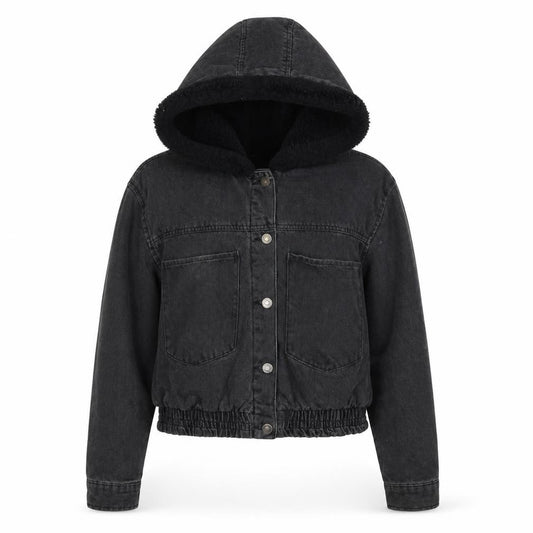 Ashley Vintage Charm Women Black L Hooded Denim Jacket Faux Fur Lined