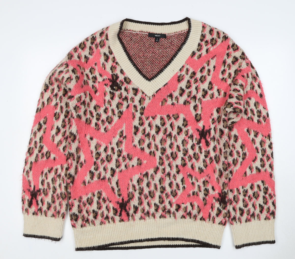 Back view of Next Women’s Pink Leopard Print V-Neck Knit Jumper, size S