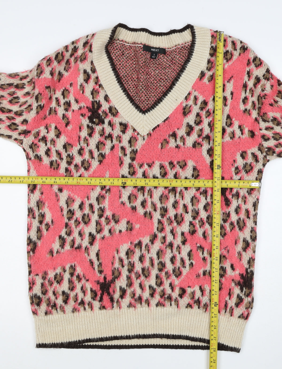 Brand and care label for Next Women’s Pink Leopard Print V-Neck Knit Jumper, size S