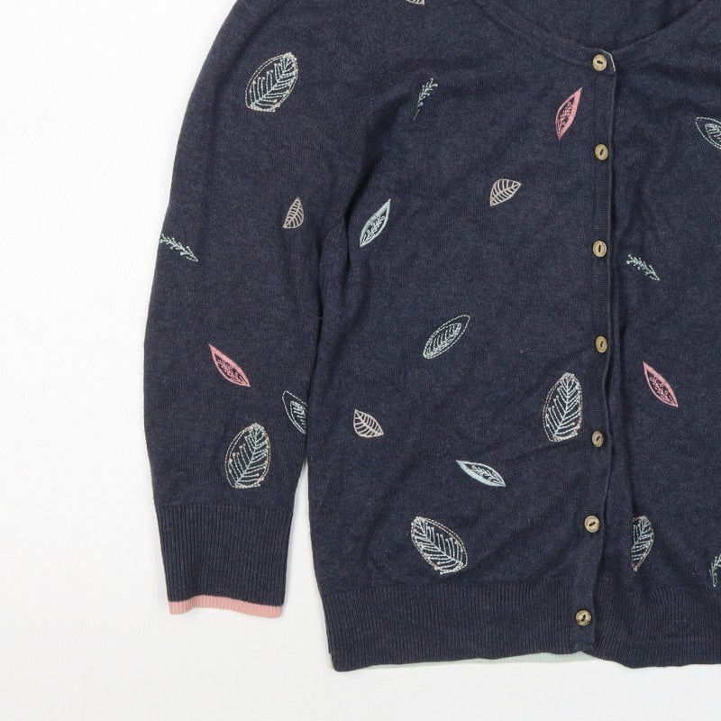 Mantaray Women’s Blue Size 10 Leaf Embroidered Button Cardigan