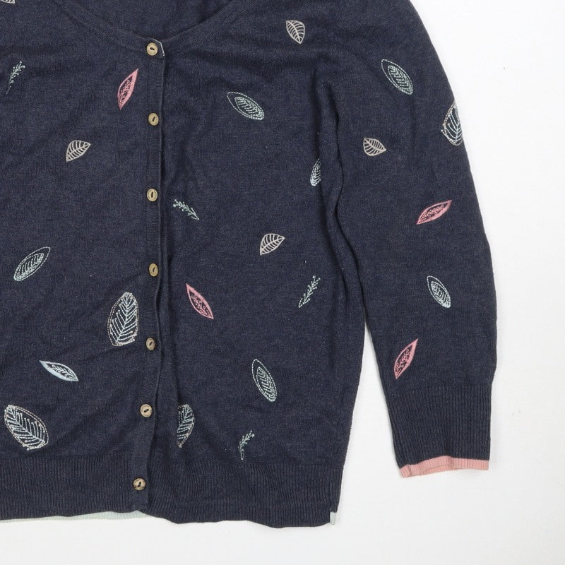 Mantaray Women’s Blue Size 10 Leaf Embroidered Button Cardigan
